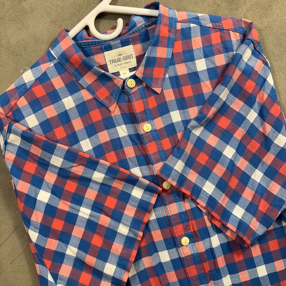 True Grit Button Down Mens XXL Blue Red Plaid Short Sleeve Textured Excellent